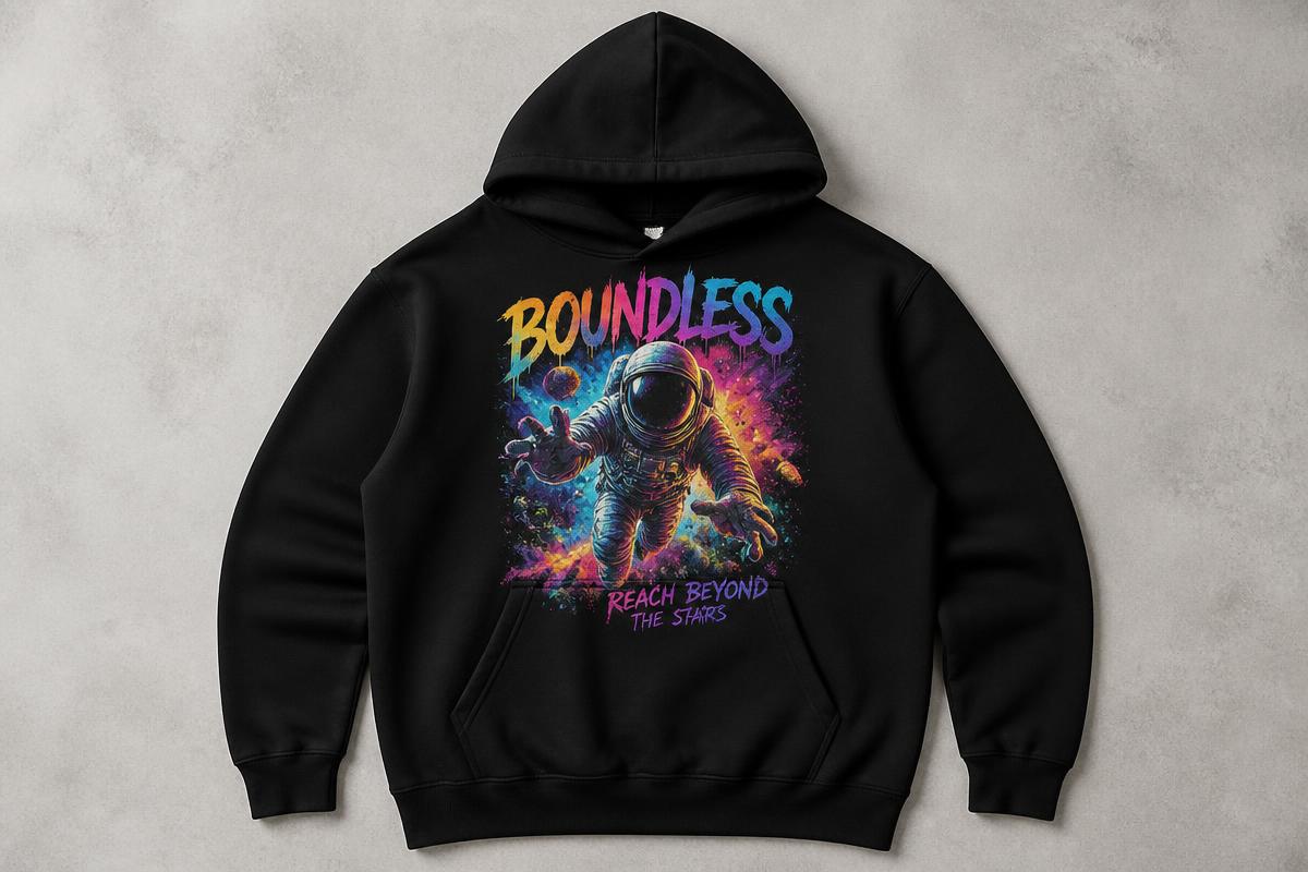 DTF printed black hoodie with a colorful graphic design, laid flat