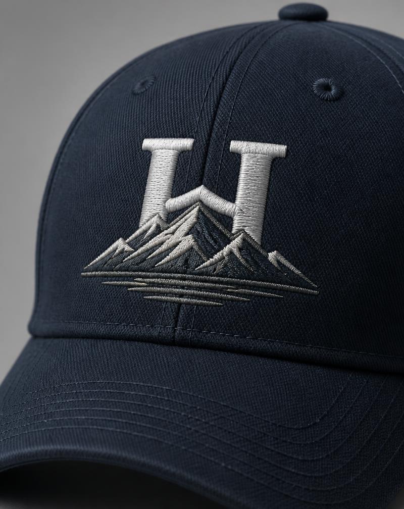 Navy baseball cap with a detailed embroidered logo on the front