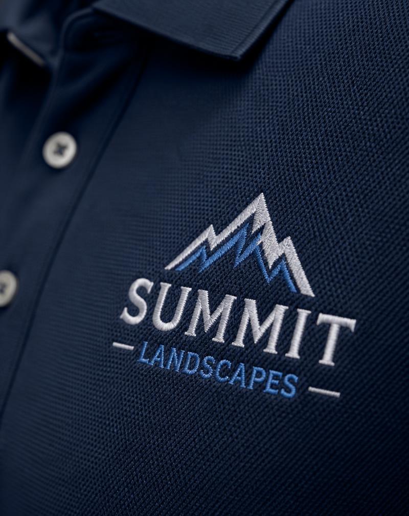 Close-up of an embroidered logo stitched on a navy polo shirt